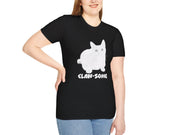 a woman wearing a black shirt with a white cat on it