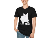 a woman wearing a black shirt with a white cat on it