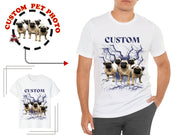 a man wearing a t - shirt with a picture of three pugs on it