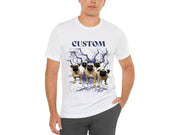 a man wearing a white t - shirt with three pugs on it