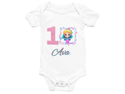 a white bodysuit with a cartoon character on it