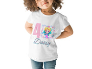 a little girl with curly hair wearing a white shirt