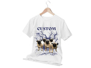 a white t - shirt with three pugs on it
