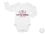 a white bodysuit with the words little angel willow on it