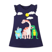 Dino Pattern Blue Sleeveless Girls Summer Tutu Dress