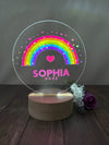 a personalized illuminated sign with a rainbow in the background