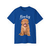 a blue t - shirt with a picture of a dog on it