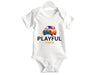 a white bodysuit with the words playful written on it