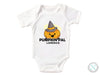 a white bodysuit with a pumpkin in a witches hat