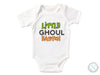 a white bodysuit with the words little ghoul easton on it