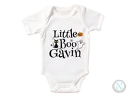 a white bodysuit with the words little boo gavin on it