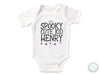 a white bodysuit with the words spooky cute kid henry on it