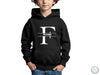 a young boy wearing a black hoodie with the letter p on it