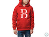 a young boy wearing a red hoodie with the letter d on it