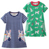 BLUE STRIPED HORSE & GREEN DOGS PRINTED DRESS - SkipStars