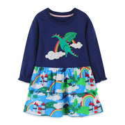 Long-Sleeve Dinosaur  & Rainbow  Dress